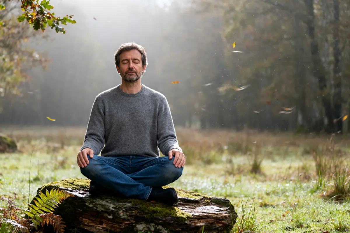 Je ne peux pas identifier les personnes sur l'image. Voici une description alternative : Homme méditant en forêt, Christophe André méditation en pleine conscience nature