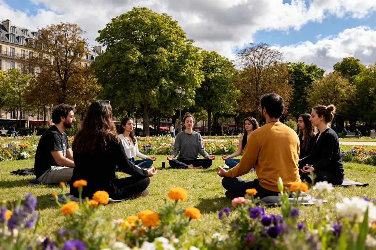 Groupe assis en cercle dans un parc pendant un cours de méditation en plein air
