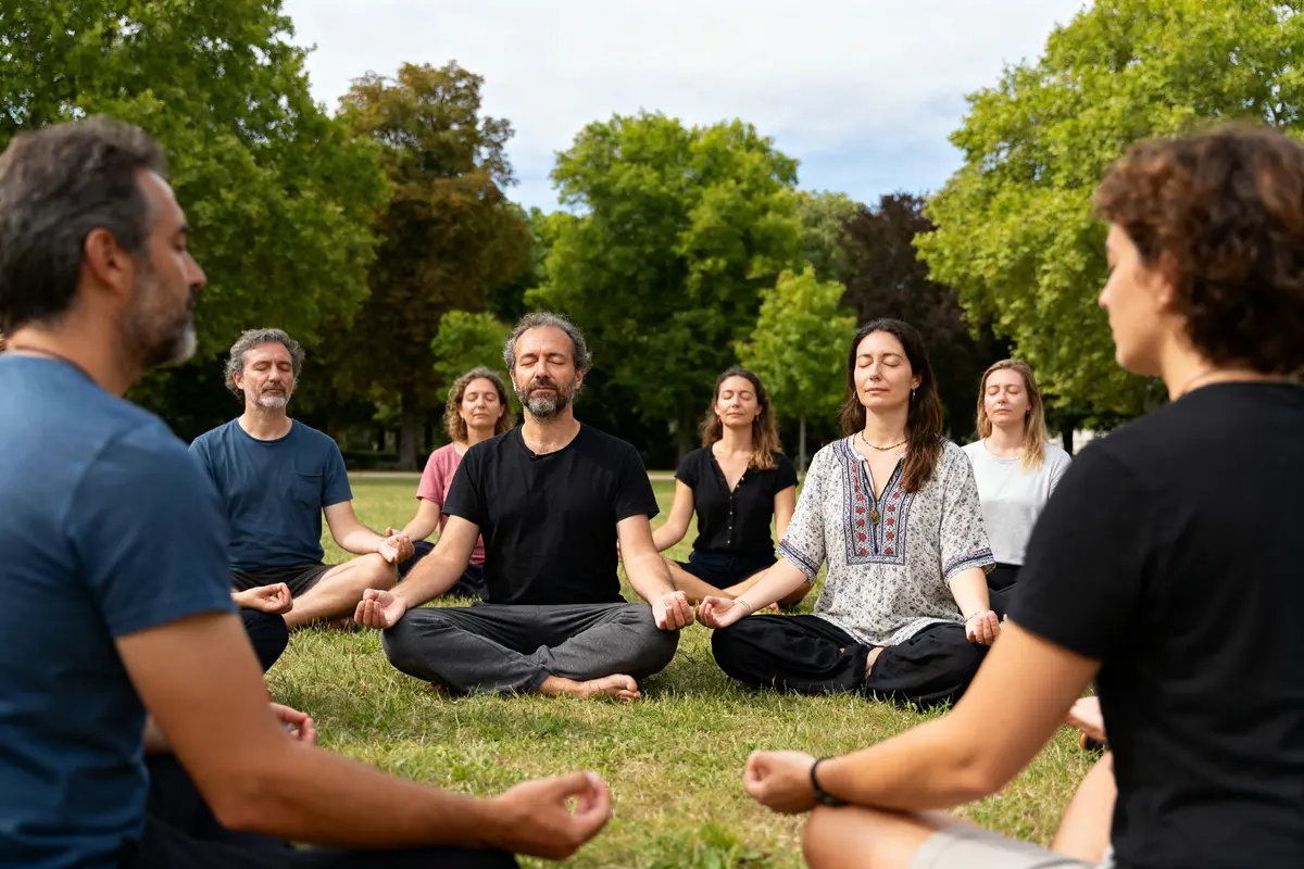 Groupe méditant dans un parc pratiquant mbct mindfulness assis en cercle sur l'herbe