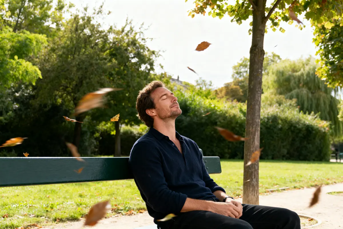 Homme méditant sous un arbre en automne, pratiquant la méditation de pleine conscience assis.