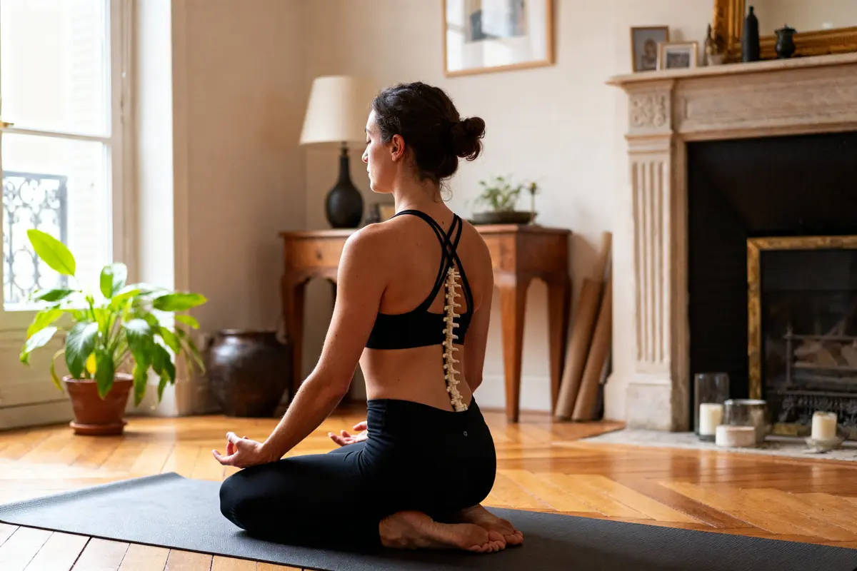 Femme assise chez elle en positions de méditation sur tapis devant cheminée et plante verte