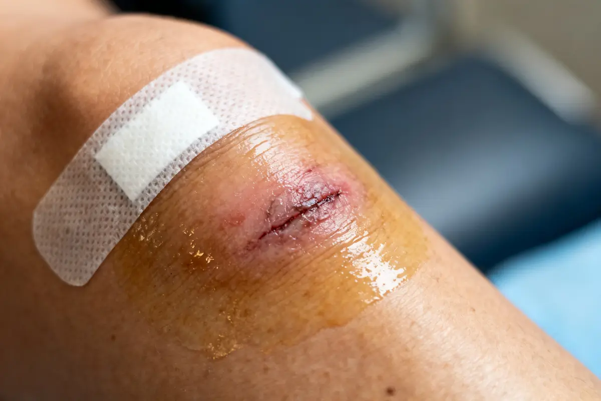 Plaie sur genou avec pansement, montrant le temps de cicatrisation avec VAC therapy