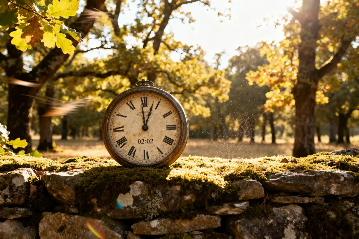 Horloge ancienne dans la forêt affichant 02h02, signification spirituelle en lumière matinale.