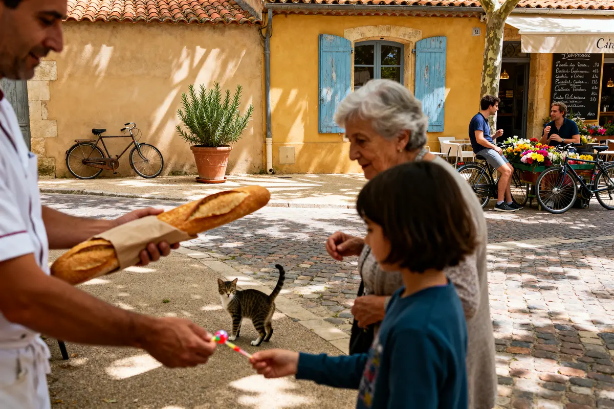 Marché français avec baguette et enfant, symbolisant le chemin de vie numéro 2 convivial.