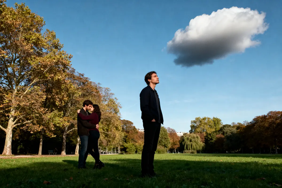 Homme célibataire contemplant un nuage tandis qu'un couple s'embrasse, symbolisant l'heure miroir 11h11 amour.