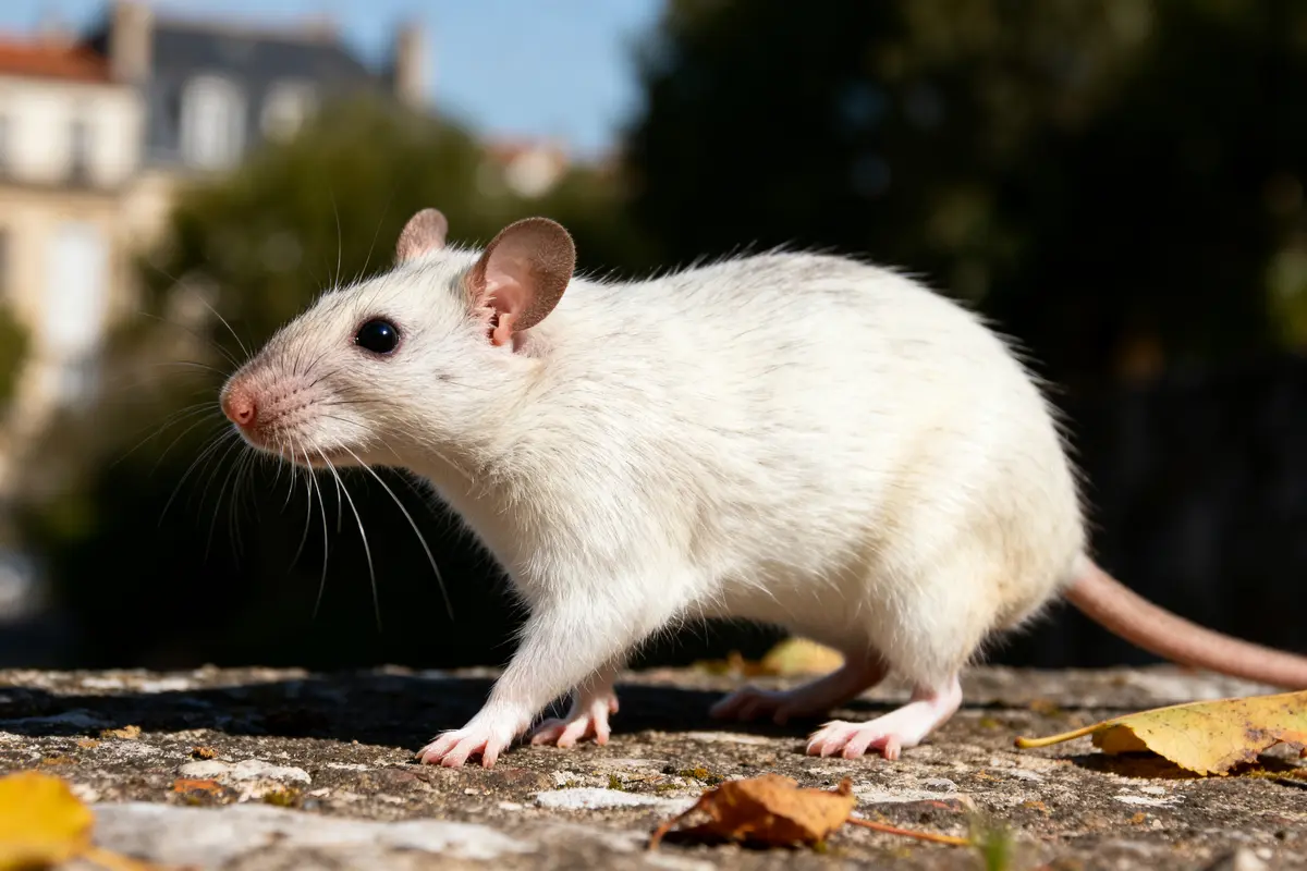 Rat blanc en extérieur représentant le signe du rat en horoscope chinois