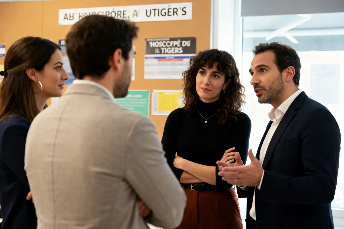 Personnes discutant devant un panneau d'affichage sur les prévisions pour l'horoscope du tigre demain