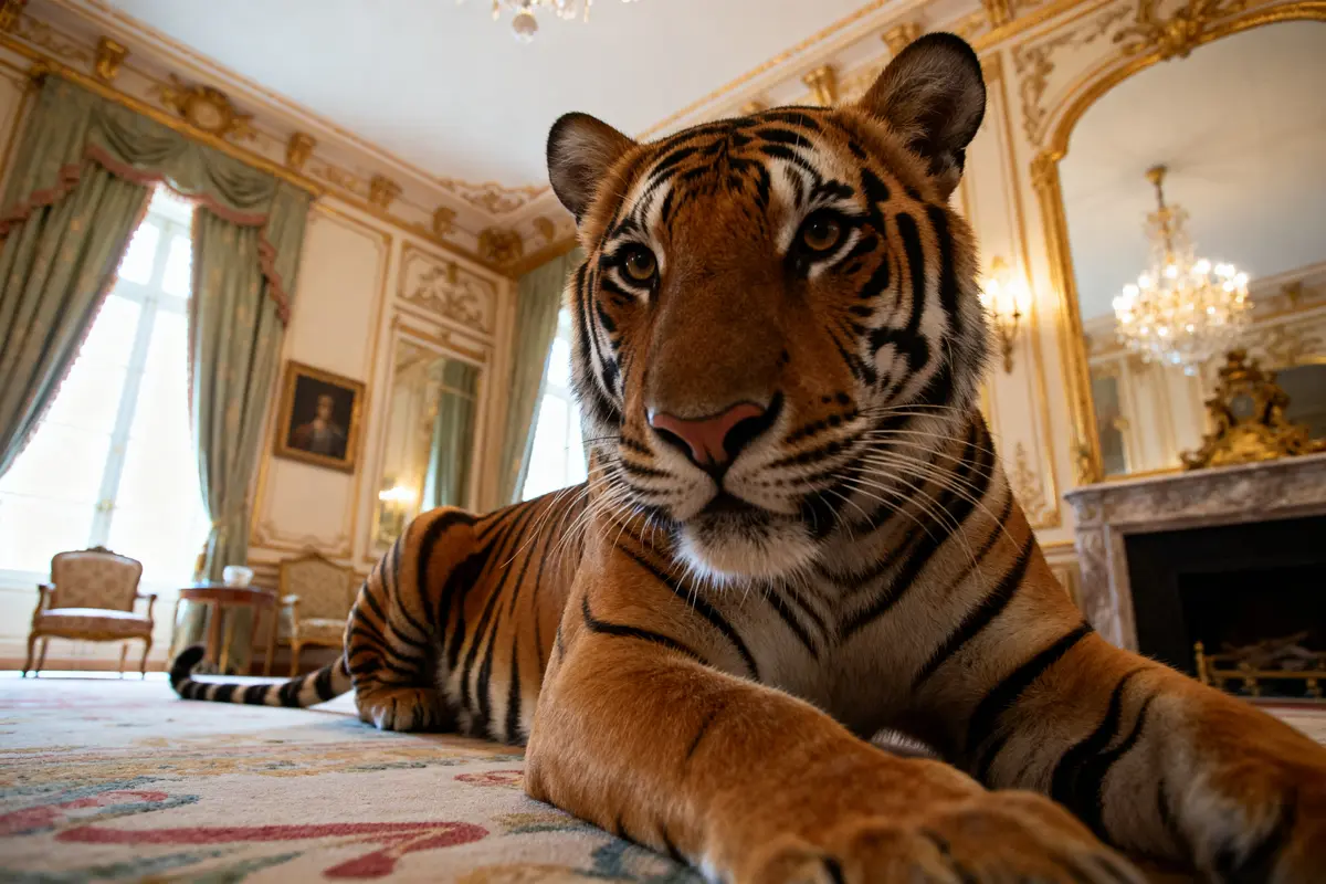 Tigre majestueux allongé dans un salon élégant, horoscope du jour symbolisé.