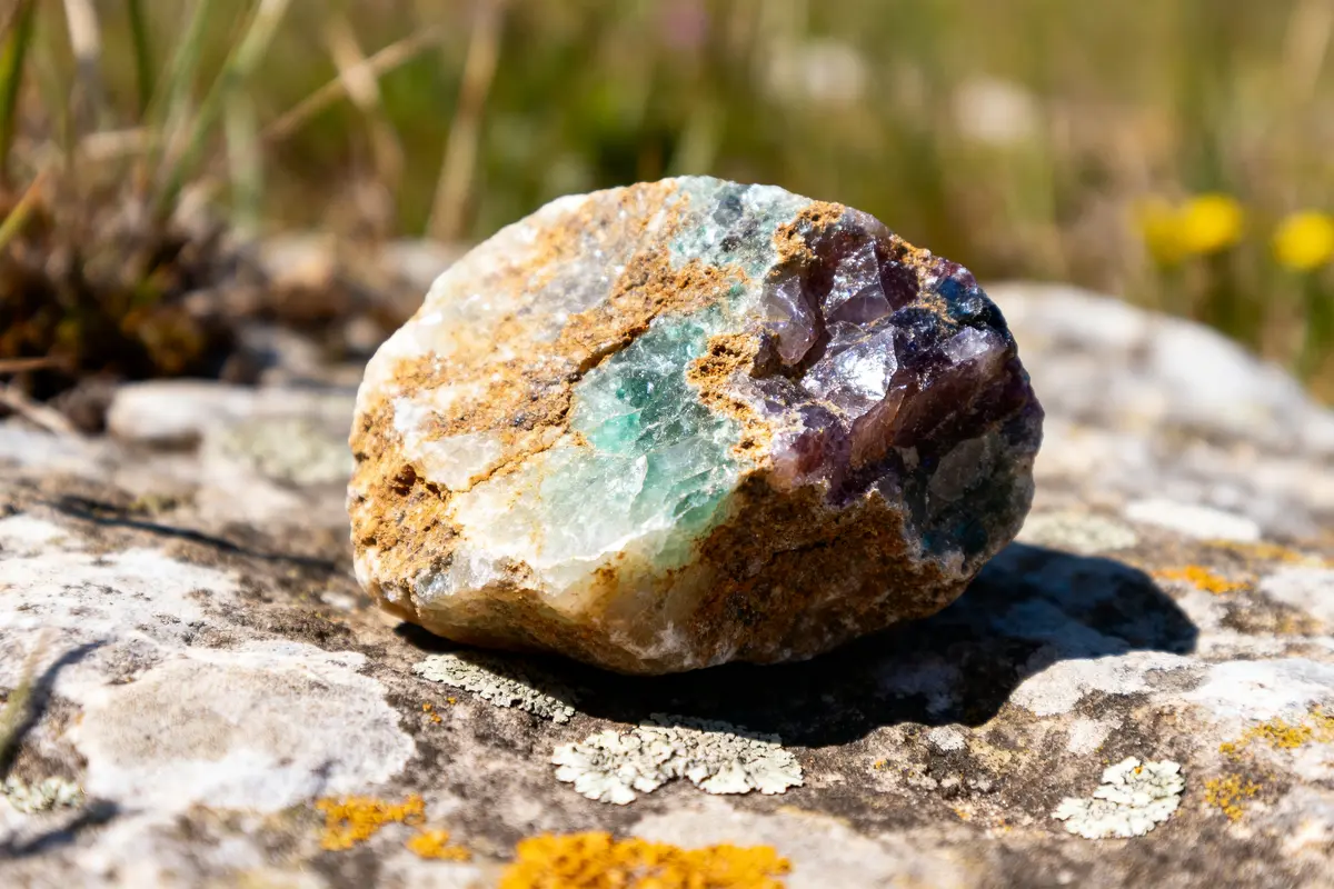Gros plan d'une pierre précieuse en améthyste brute sur un rocher.