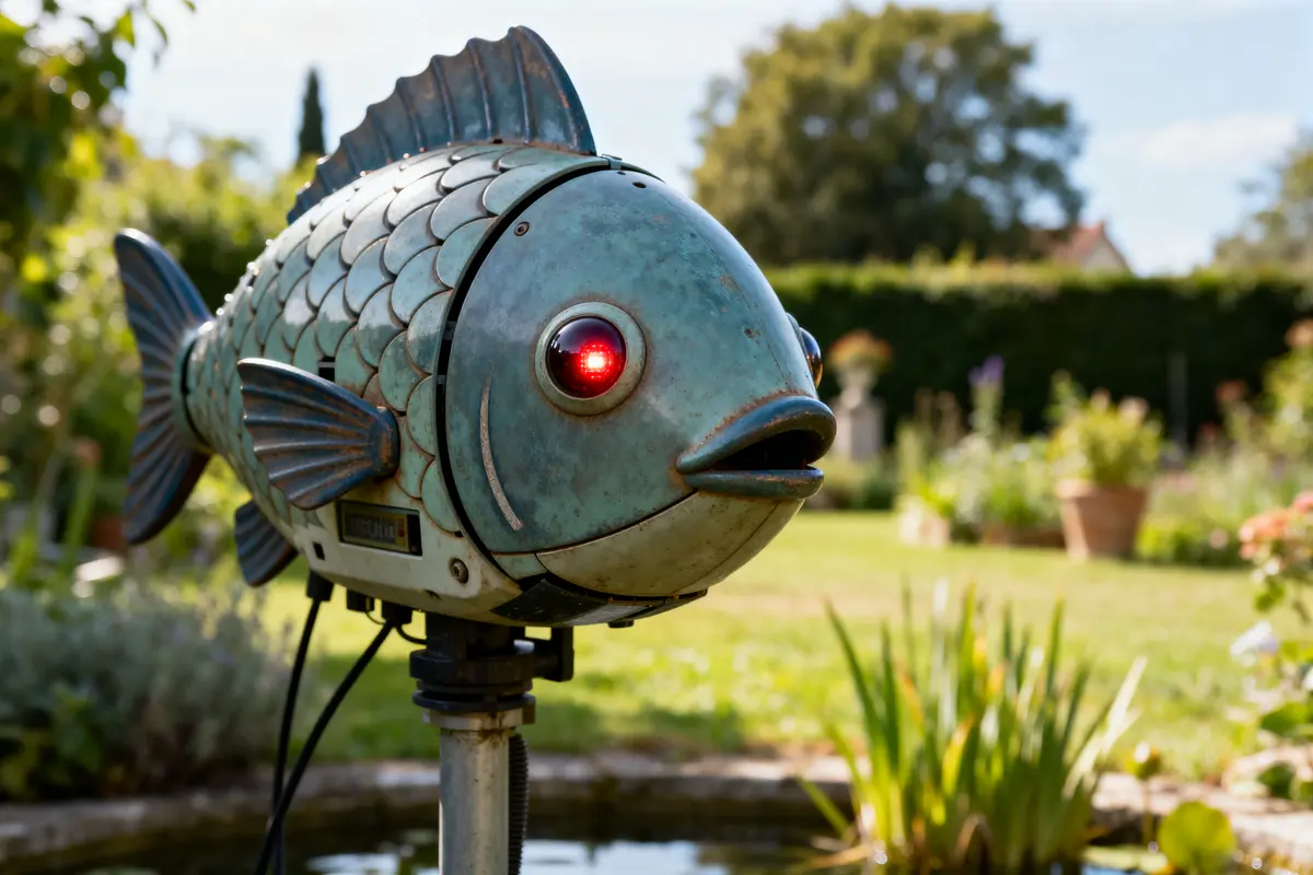 Robot poisson métallique, œil rouge allumé, évoquant voyant clignotant du robot piscine Zodiac.
