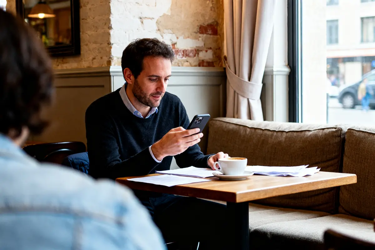 Homme lisant un message sur smartphone dans un café, attentif au voyant de contact.